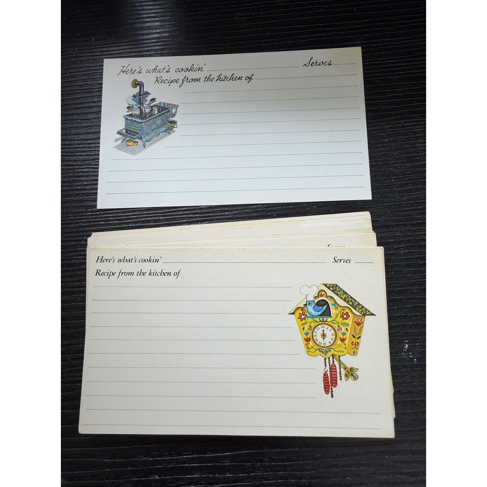 Vintage Recipe Cards Set Cuckoo Clock and Wood Stove Illustrations Retro Kitchen